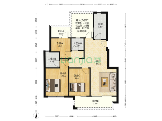 江山筑一号院 3室1厅2卫 96平方