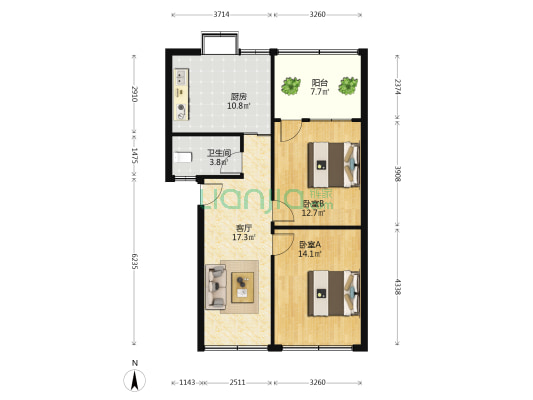 工商银行 2室1厅1卫 86平方