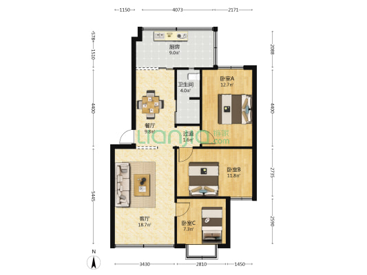 体育小区 3室2厅1卫 76平方
