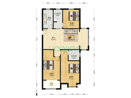 佳泰雅园 3室1厅2卫 136平方