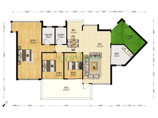 阳光时代 3室2厅2卫 124平方