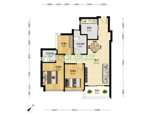金地半山风华 3室1厅2卫 79平方