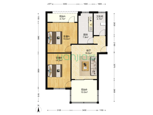 西街1号附1 2室1厅1卫 90平方