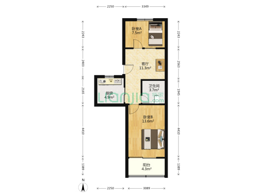 莲中二村 2室1厅1卫 56平方