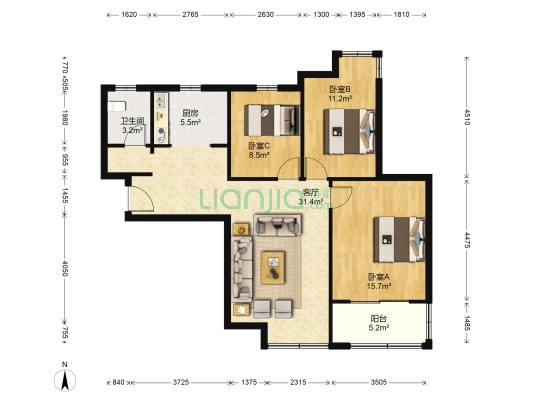 浃江小区山清轩 3室1厅1卫 108平方