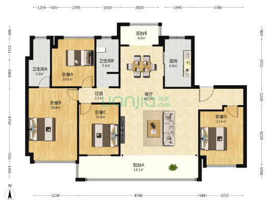 招商麓山府 4室1厅2卫 160平方