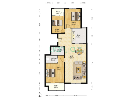 东城摩尔 3室1厅2卫 134平方
