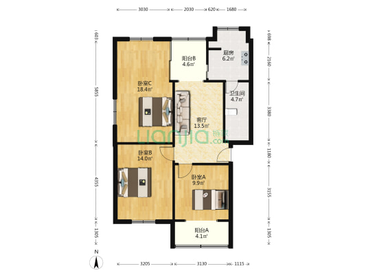 一环路北一段113号 3室1厅1卫 82平方