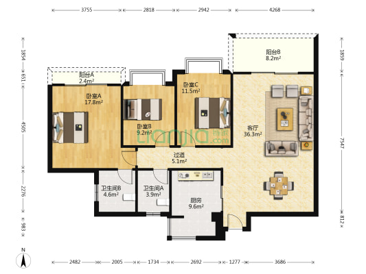 绿谷康都 3室1厅2卫 125平方