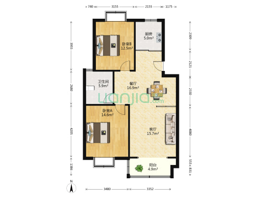 天晖苑 2室2厅1卫 95平方