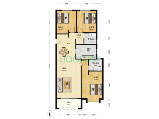 富力开远城A区 3室1厅2卫 129平方