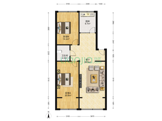雁滩安居小区北区 2室1厅1卫 109平方