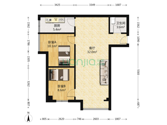 李家村万达广场 2室1厅1卫 87平方