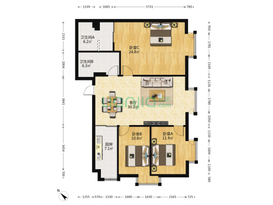 北翔广场 3室1厅2卫 123平方