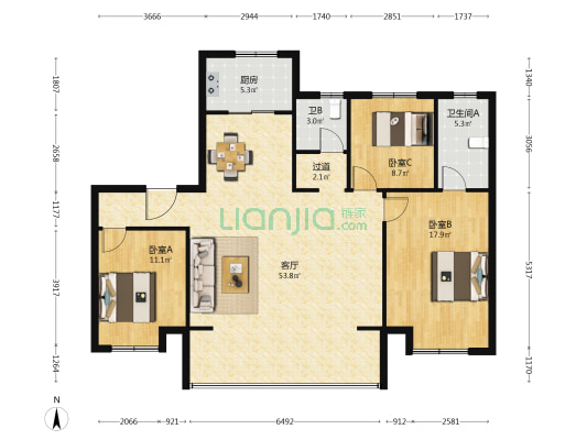 烟台未来城 3室1厅2卫 137平方