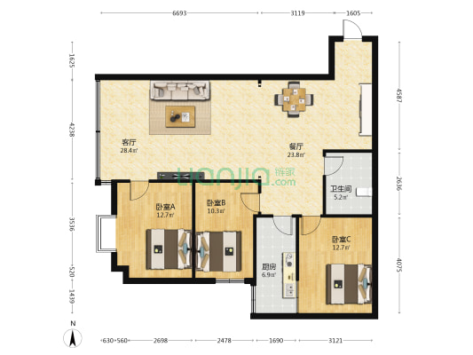绿宝海苑 3室2厅1卫 125平方