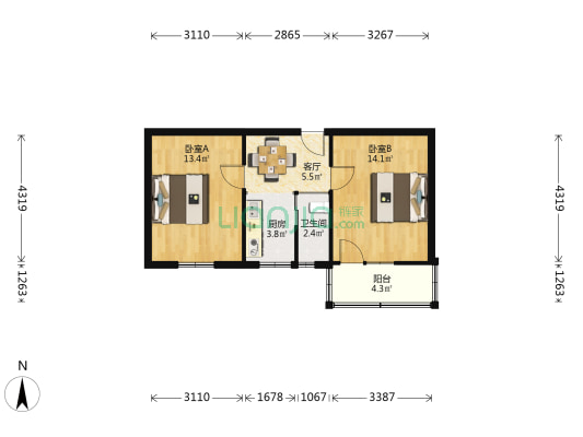 宿州路276号 2室1厅1卫 55平方