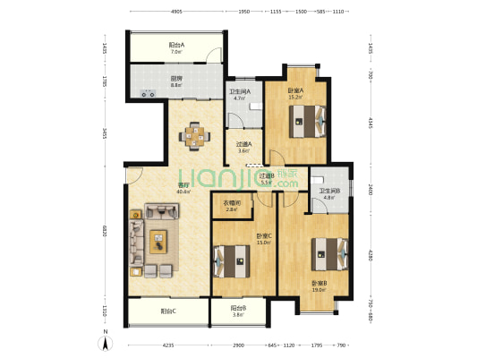 凤凰花园 3室1厅2卫 168平方