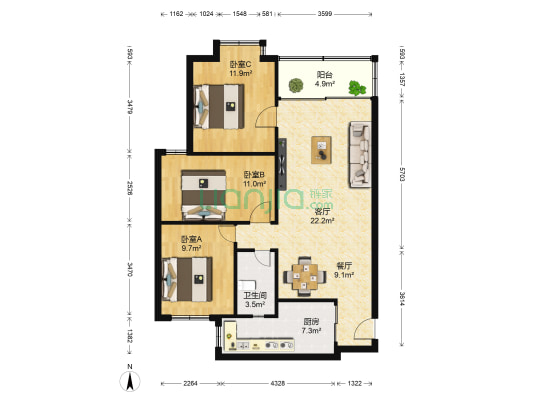 海莲山庄 3室2厅1卫 89平方