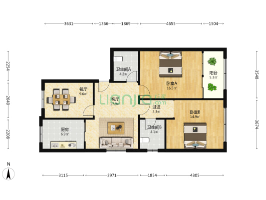 民丰路 2室2厅2卫 106平方