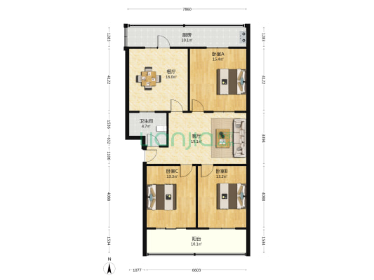 招商场南工商宿舍 3室2厅1卫 108平方
