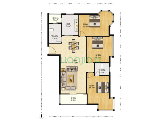 澳洲阳光 3室1厅2卫 147平方