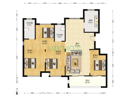 龙盛天和苑 4室1厅2卫 139平方
