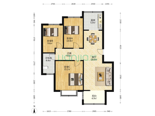 艺苑 3室1厅1卫 105平方