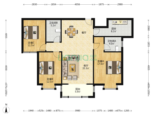 天鼎花园东区 3室1厅2卫 126平方