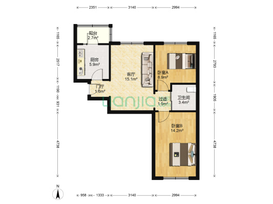 花园街 2室1厅1卫 65平方