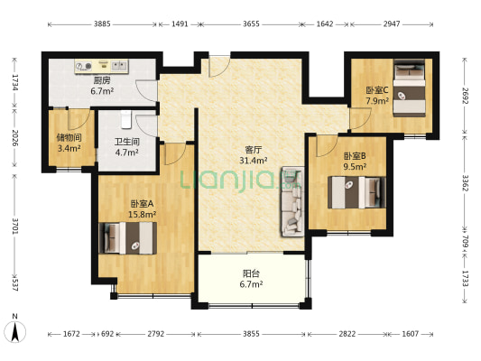 恒大翡翠华庭 3室1厅1卫 114平方