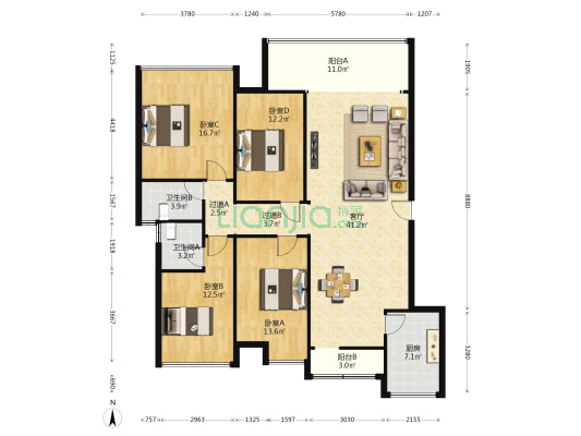 桓大绿岛名都 4室1厅2卫 147平方