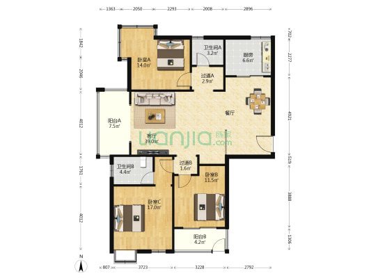 山水华美 3室1厅2卫 136平方