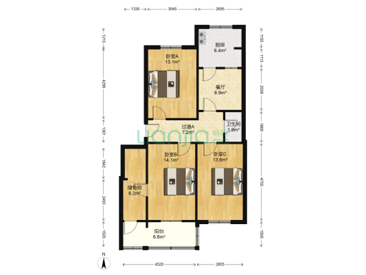 山西省地勘局宿舍 3室1厅1卫 94平方