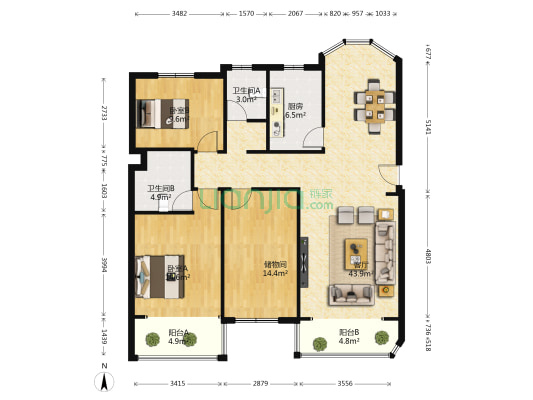 金实小区庄实园 2室1厅2卫 117平方