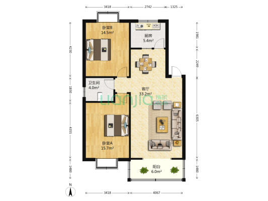 敏龙时代广场 2室1厅1卫 93平方
