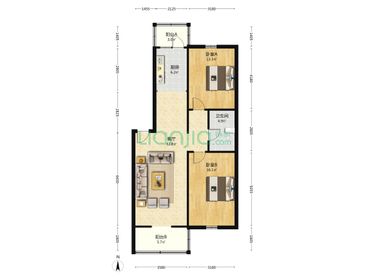 金地花园 2室1厅1卫 104平方