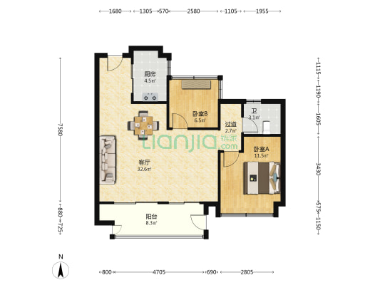 通和星辰同辉花园 2室1厅1卫 92平方