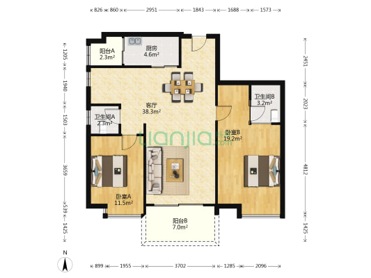 骏景豪庭 2室1厅2卫 104平方