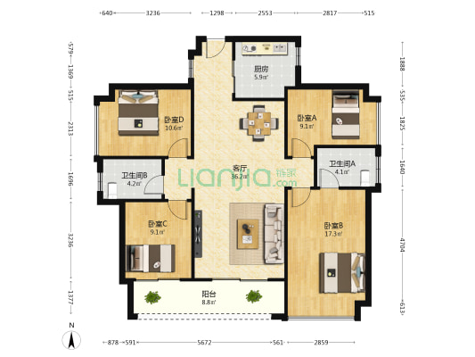 金地香山湖香滨花园 4室1厅2卫 129平方