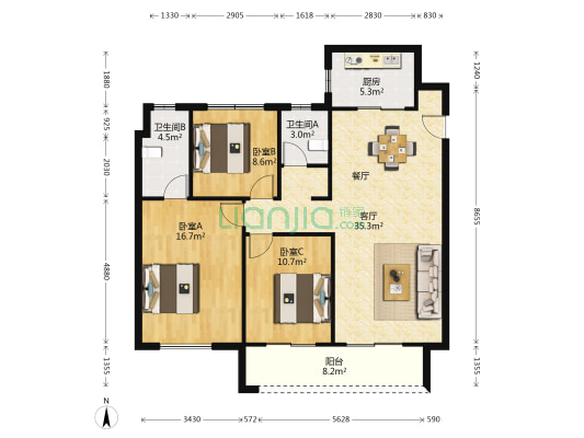 湖山源著 3室1厅2卫 114平方