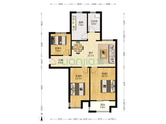 九华山庄芳庭苑 3室1厅1卫 105平方