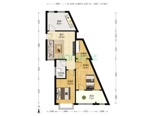 万相新城 2室1厅1卫 91平方