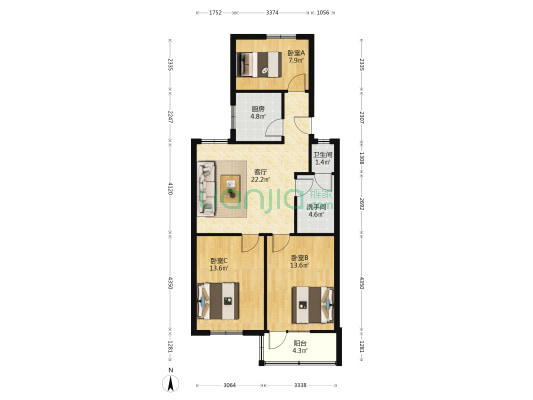 第二中学教师宿舍楼 3室1厅2卫 87平方
