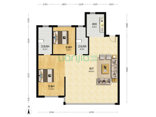 新鸿君品雅苑 2室1厅2卫 118平方