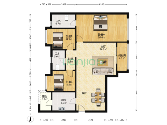 东方傲景峰 3室1厅2卫 122平方