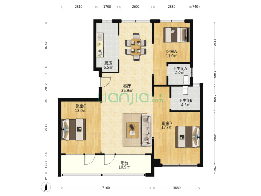 绿城·留香园 3室1厅2卫 128平方