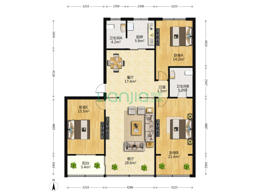 建设路39号 3室2厅2卫 144平方