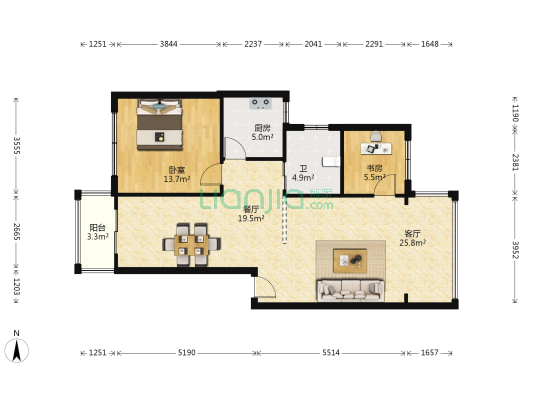 都市美丽风景 2室2厅1卫 165平方
