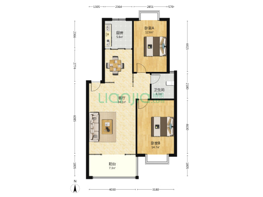 欧美嘉园 2室1厅1卫 90平方